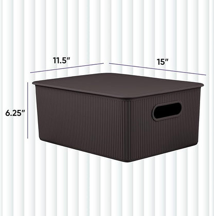 Decorative Plastic Basket Lidded Home Storage Bins Organizer Baskets, Large Brown (1 Pack - 15 Liter) Stackable Container Box, for Organizing Closet Storage Bins for Shelves - Ribbed Collection