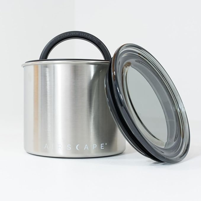 AirScape Planetary Design Stainless Steel Coffee Canister | Food Storage Container | US Patented Airtight Lid | Push Out Excess Air Preserve Food Freshness (Small, Brushed Steel)