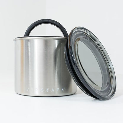 AirScape Planetary Design Stainless Steel Coffee Canister | Food Storage Container | US Patented Airtight Lid | Push Out Excess Air Preserve Food Freshness (Small, Brushed Steel)