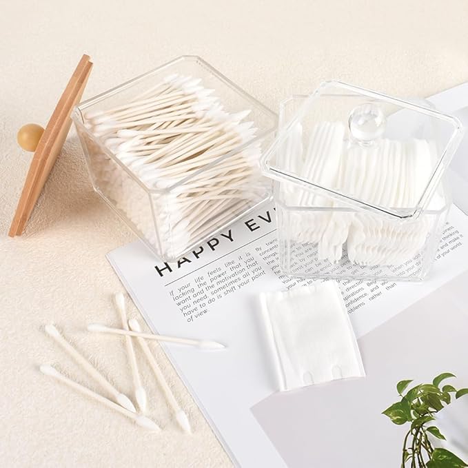 2pcs Acrylic Qtip Holder Dispenser with Lids, Clear Square Bathroom Canisters Plastic Storage Container