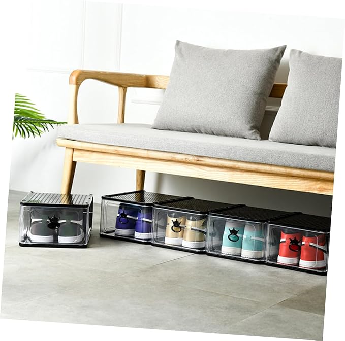 Outanaya 5pcs Shoe Storage Bin Foldable Plastic Shoe Boxes Breathable Loop for Easy Access