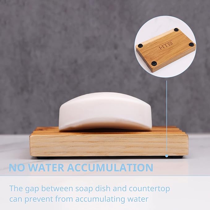 Teak Soap Dish for Shower Pack of 2 by HTB, Wood Decorative Bath Soap Holder Heightened Base Design to Keep Soap Dry in Kitchen, Bathroom, Sink, Bathtub, Wooden Soap Saver for Hand Face Shampoo Bar