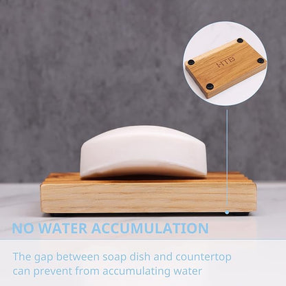 Teak Soap Dish for Shower Pack of 2 by HTB, Wood Decorative Bath Soap Holder Heightened Base Design to Keep Soap Dry in Kitchen, Bathroom, Sink, Bathtub, Wooden Soap Saver for Hand Face Shampoo Bar