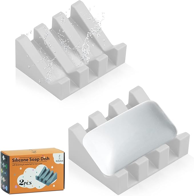 2 Pack Self Draining Silicone Soap Dish with Suction Cups - Non-Slip Bar Soap Holder for Shower & Kitchen, Waterfall Tray Keeps Soap Dry, Easy Clean, Extends Soap Life (Light Grey)