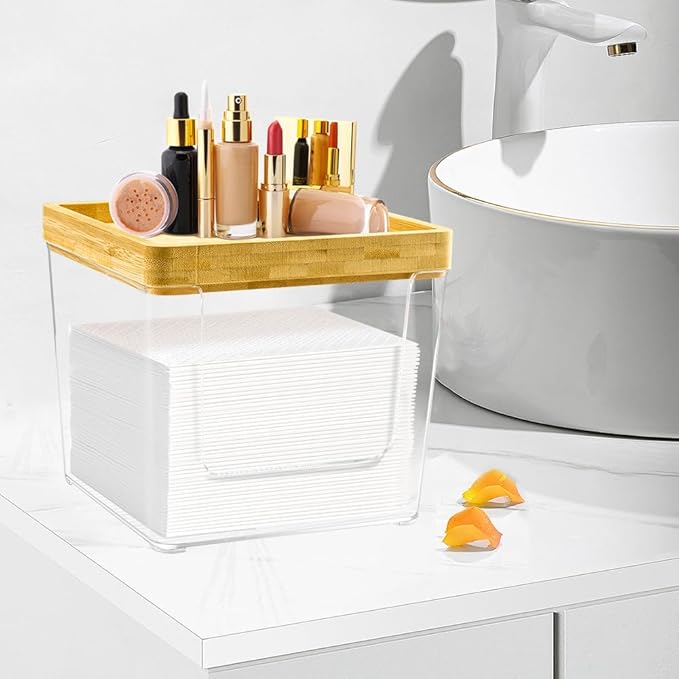 GRETJOB Disposable Face Towel Holder Box, Acrylic Facial Container for XL Clean Skin Club, Large Storage With Bamboo Lid Towel Organizer Container for Bathroom, Vanity Makeup, Clear