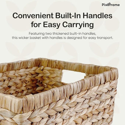 Large Rectangular Handwoven Wicker Basket - Natural Water Hyacinth Storage Baskets with 2 Built-in Handles - Ideal for Towel, Blankets, and Home Organizer & Decor - 15"x 11"x6.75" - Brown