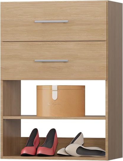 2 Drawer Short Tower Closet Unit, Modular Closet System, Wood Closet System Organizer with Storage for Walk In Closets, Clothing Rack Closet for Hanging Clothes, Bedroom, Wood, 25.5"W