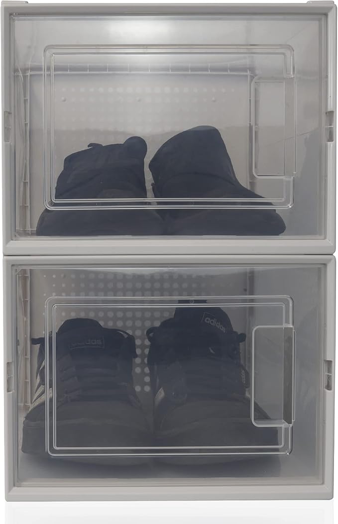 Basic Fundamentals 12 Pack Stackable Storage Bins for Sneaker Shoes - Clear Plastic, Foldable Shoe Box for Closet Organizing - Perfect Drop Front Shoe Organizer with Breathable Frame, White