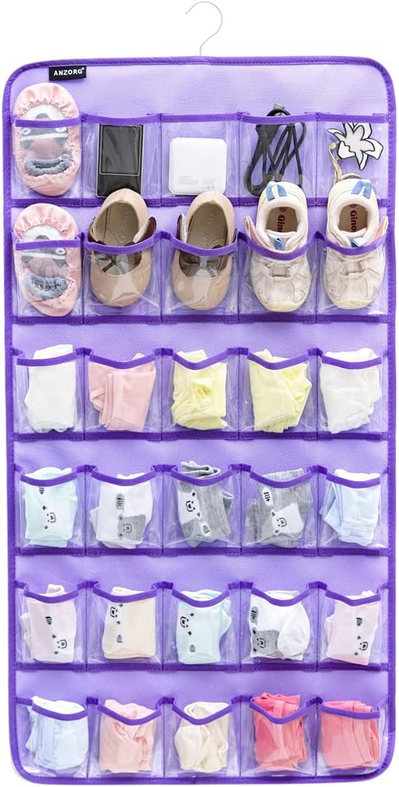 Hanging Baby Shoes Organizer Baby Headband Holder Closet Organizer for Baby Bow Socks Underwear with 30 Clear Pockets (PURPLE)