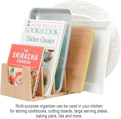 MobileVision Bamboo Pot Lid Holder Organizer for Storage in Cabinets or Kitchen Countertops, 6 Sections