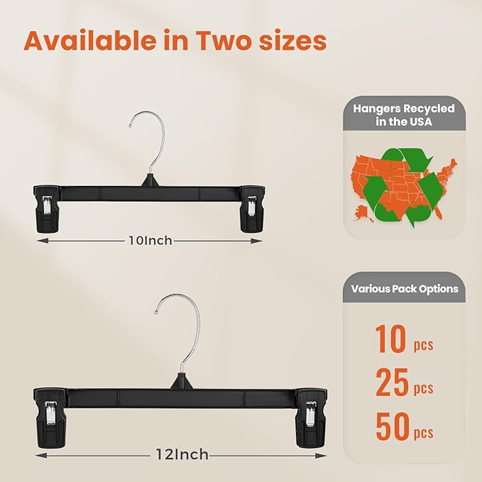 HOUSE DAY 200 Pack Pants Hangers - 10 Inch Plastic Hangers with Non Slip Clips for Skirts, Jeans, Shorts, Trousers - Space Saving Clip Hangers with 360-Degree Rotating Hook