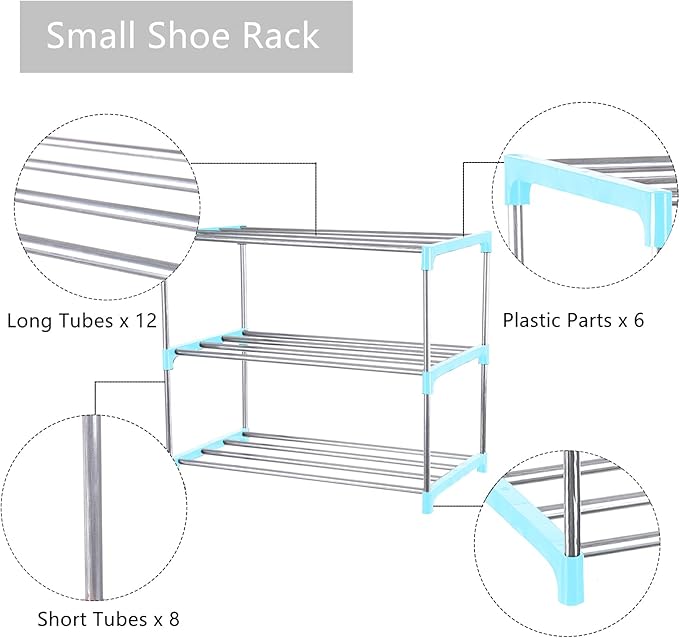 Small Shoe Rack, Narrow Stackable Shoe Shelf Organizer for Entryway, Doorway and Bedroom Closet (3-Tier, Blue)