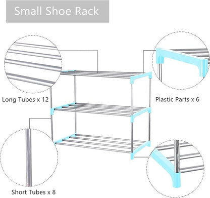 Small Shoe Rack, Narrow Stackable Shoe Shelf Organizer for Entryway, Doorway and Bedroom Closet (3-Tier, Blue)