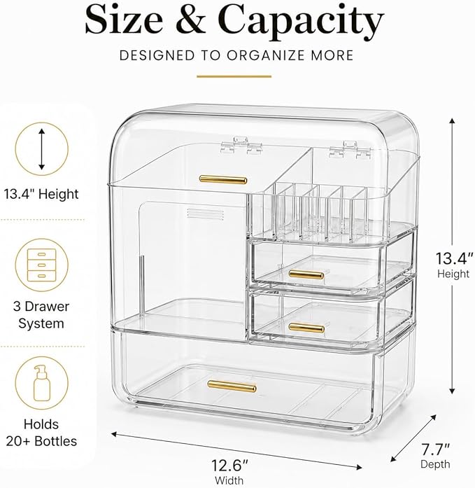 Luxury Makeup Organizer with 3 Drawers & Dustproof Flip Lid, Large Capacity Cosmetic Display Case for Vanity, Clear Countertop Skincare Storage with 6 Lipstick Slots