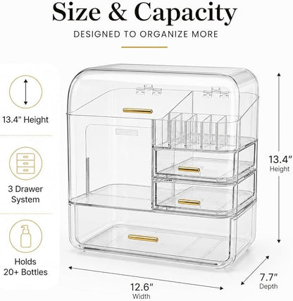 Luxury Makeup Organizer with 3 Drawers & Dustproof Flip Lid, Large Capacity Cosmetic Display Case for Vanity, Clear Countertop Skincare Storage with 6 Lipstick Slots