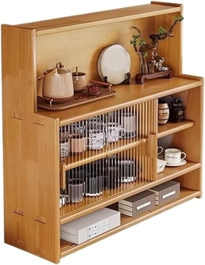 Home Furnishing Vintage Wood Desktop Cup Holder Storage Cabinet for Coffee Station Bar Adjustable Display Shelf with Glass Sliding Door for Kitchen Dining Room Office(Yellow)