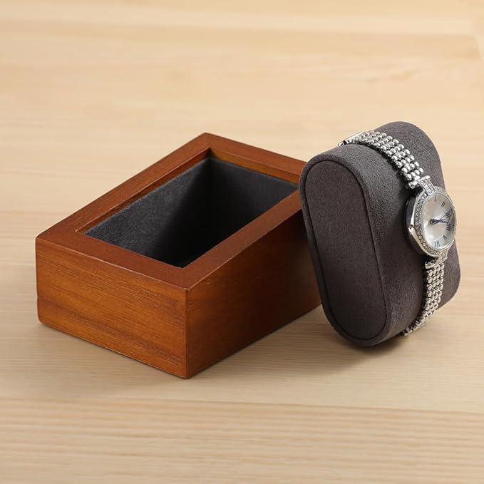 Wooden Watch Display Stand With Pillow, Wristwatch Organizers, Men Women Watch Storage Holder (Willow Wood, Gray Velvet)