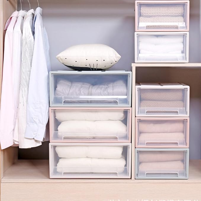 OSALADI Stackable Transparent Plastic Storage Box for Clothes and Shoes Lightweight Multi-purpose Drawer Organizer for Bedroom and Home Light Blue Container