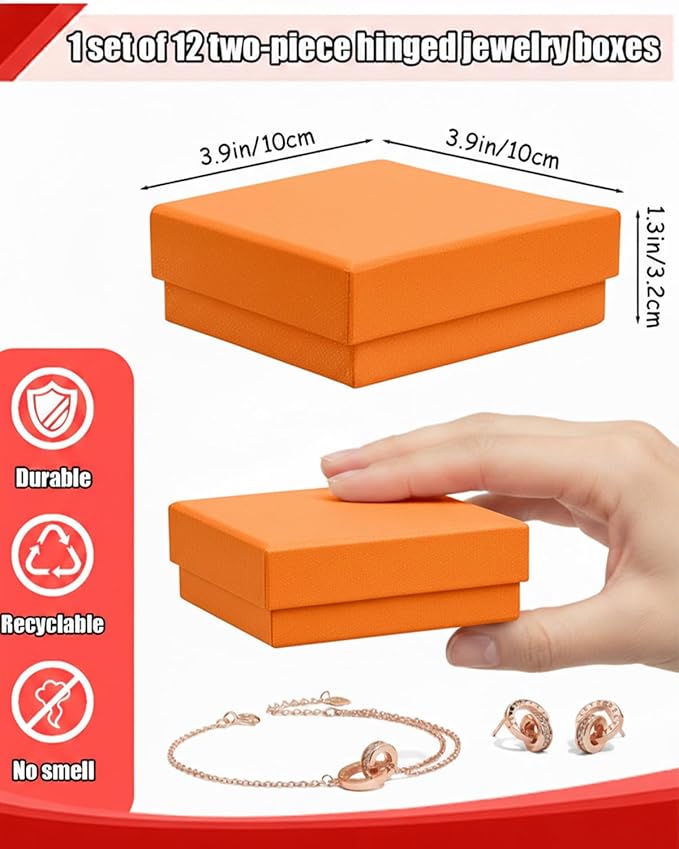 Rocutus Jewelry Gift Boxes for Necklace, Earring, Ring - Cotton Filled Cardboard Paper Jewelry Box Gift Cases for Wedding, 12 Pack Engagement, Gift Packaging, Luxury Jewelry Box, Ring Box (Orange)