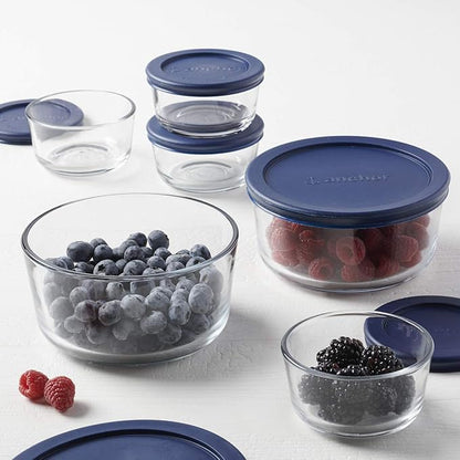 Anchor Hocking 12 Piece Glass Storage Containers with Lids (6 Glass Food Storage Containers & 6 Navy Blue SnugFit Lids)
