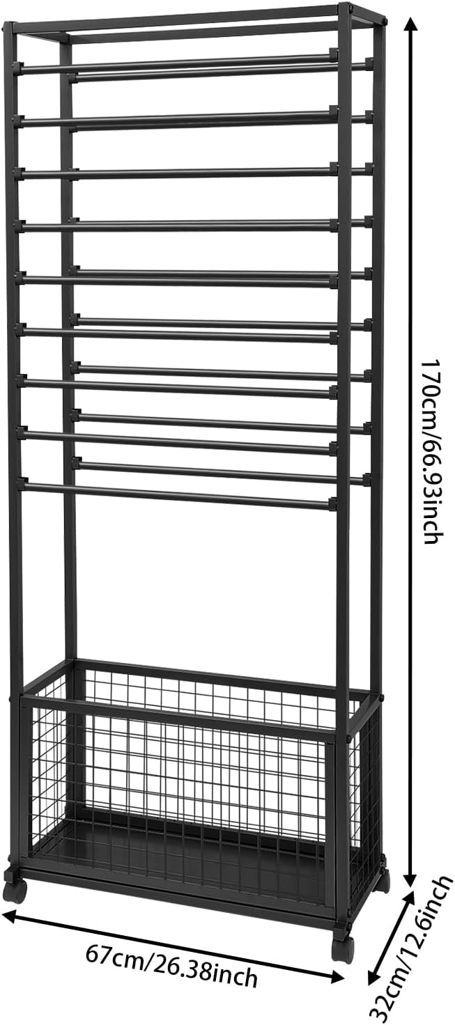 20-Tier Double-Sided Ribbon Holder Organizer Rack with Storage Basket & Wheels, Multifunctional Flower Wrapping Paper Display Stand for Craft Rooms, Flower Shops (Black, 26.38''W x 12.6''D x 59.06''H)