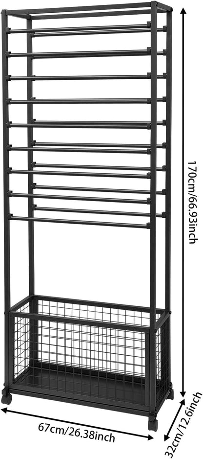 20-Tier Double-Sided Ribbon Holder Organizer Rack with Storage Basket & Wheels, Multifunctional Flower Wrapping Paper Display Stand for Craft Rooms, Flower Shops (Black, 26.38''W x 12.6''D x 59.06''H)