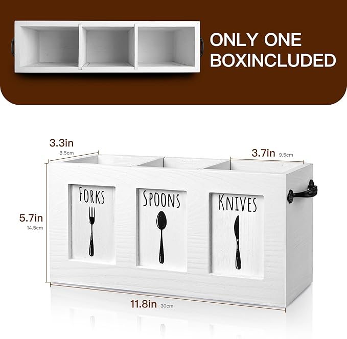 MINCORD Wood Flatware Organizer, Rustic Utensil & Silverware Holder for Forks, Spoons, Knives, Farmhouse Kitchen Cutlery Caddy Bin Countertop - White
