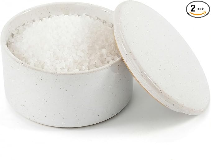 KIBAGA Beautiful Ceramic Salt Cellar with Lid - Spacious Container for Your Kitchen Countertop Keeps Salt Flakes Dry & Fresh - A Decorative Box/Holder For Any Kitchen