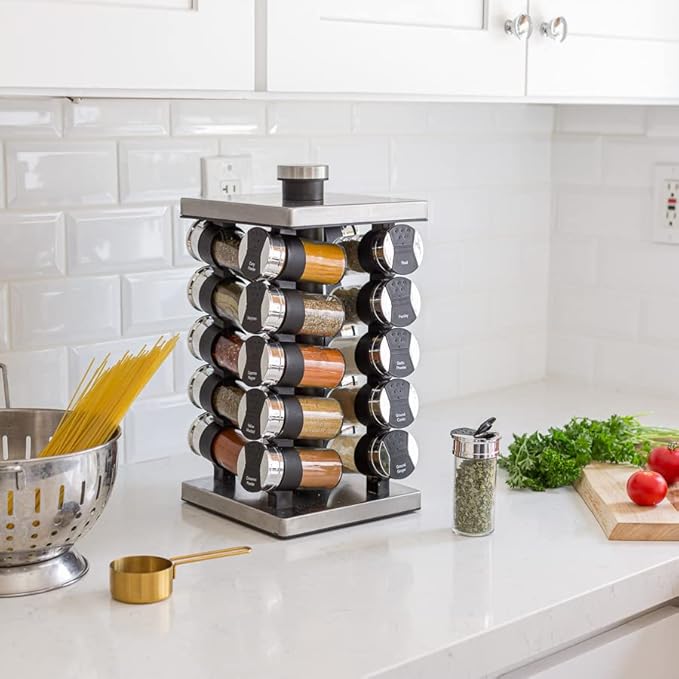 Orii 20 Jar Spice Rack with Spices Included & 5-Year Free Spice Refill Program - Tower Organizer for Kitchen Spices and Seasonings, (Silver Black)