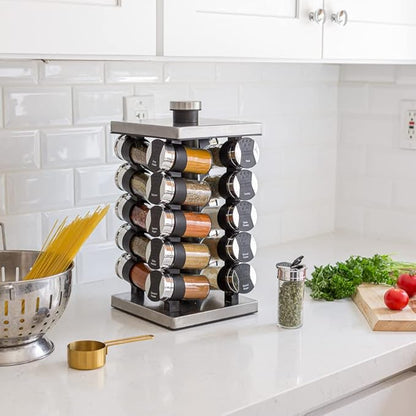 Orii 20 Jar Spice Rack with Spices Included & 5-Year Free Spice Refill Program - Tower Organizer for Kitchen Spices and Seasonings, (Silver Black)