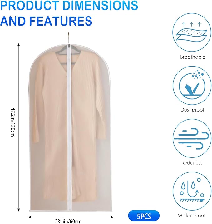 5-Pack Clear Garment Bags with Zipper for Hanging Clothes, Storage Bags for Coats, Jackets, Shirts, and More (23.6 x 47.2inches)