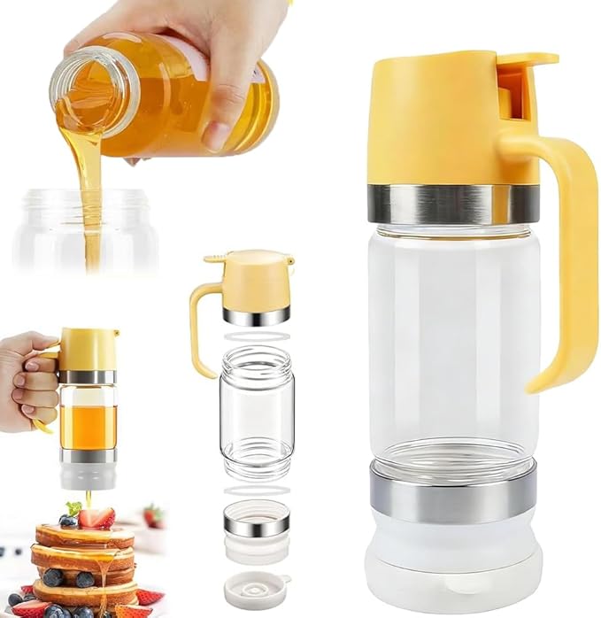 2027 Upgraded Honey Dispenser - Glass Honey Dispenser with Stand No Drip,Glass HoneyContainer with One-Press Mess-Free Pouring, Multi-Purpose SyrupDispenser for Pancakes Coffee,Tea,Salad Simple Syrup