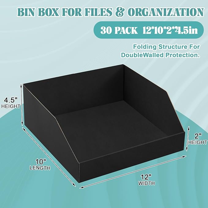 Fuyoooo 30 Pack 12 x 10 x 4. 5 Inches Cardboard Storage Bins Open Top Bin Boxes Black Corrugated Shelf Organizer Bins for Pantry, Parts, Garage, Snacks, Bottles, Cans or Warehouse Home Cubby