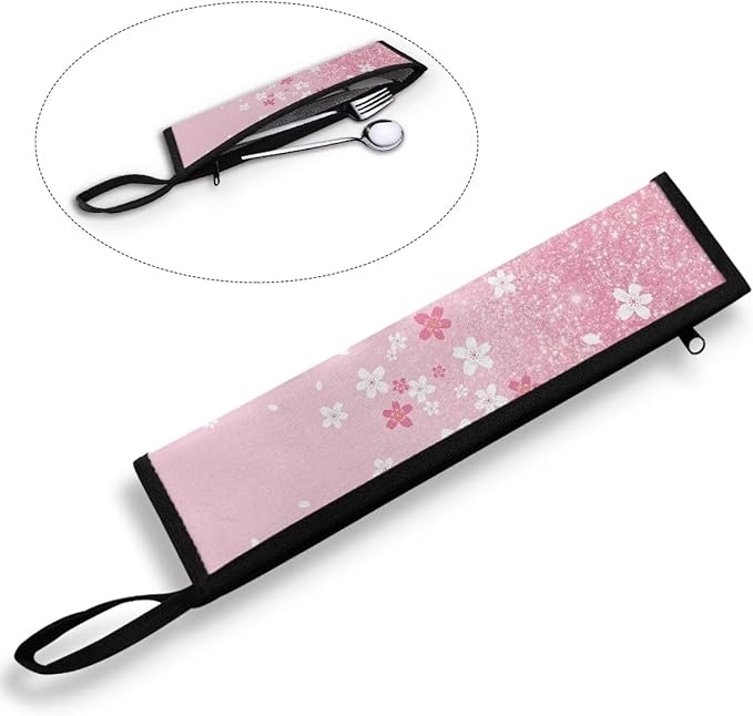 COEQINE Pink Silverware Organizer Reusable Cherry Blossom Bling Pattern Fork Spoon Knife Organizer For Restaurant Travel Picnic Leafproof Fabric For Travel Accessories Lightweight