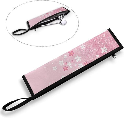 COEQINE Pink Silverware Organizer Reusable Cherry Blossom Bling Pattern Fork Spoon Knife Organizer For Restaurant Travel Picnic Leafproof Fabric For Travel Accessories Lightweight
