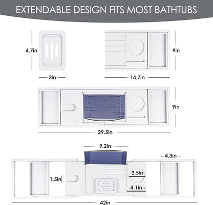 Foldable Bathtub Caddy Tray, Bamboo Bath Tub Tray Table for Tub with Wine Glass Holder Book Phone Tablet Holder with Extending Sides, Adjustable Bathroom Bathtub Free Soap Holder Gift Idea (White)