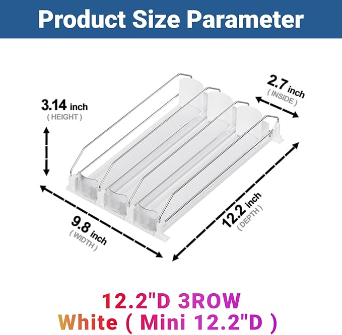 Drink Organizer for Mini Fridge (Fits Depth ≥ 12.2"), 12oz 16oz 20oz Soda Can Dispenser, Width Adjustable Automatic Pusher Glide, 12.2" D 3ROW Holds 12 Cans, White
