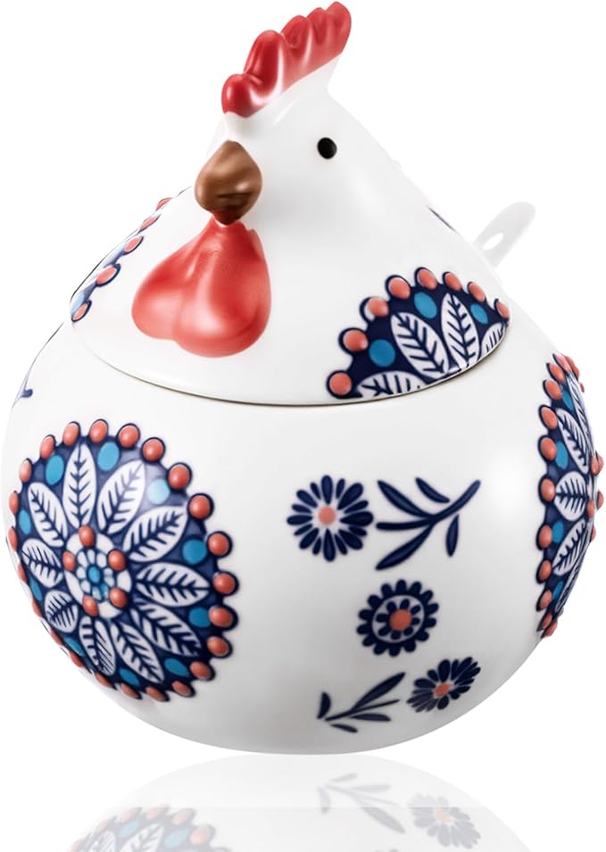 Ceramic Salt Cellar with Lid and Spoon, 13 oz Large Chicken Salt Jar, Chicken Sugar Containers for Countertop, Decorative Kitchen Holder for Coffee, Pepper, Seasonings, Spices, Candy(Blue)