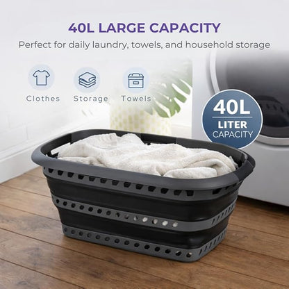 Laundry 360 Collapsible Laundry Basket 40L | Portable | Space Saver Storage | Hold 2 Loads | Store Under the Bed or Closet | Good for Kids | Dorm | Bedroom | Large | Grey/Black