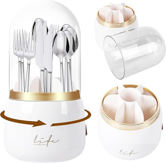 360° Rotating Silverware Utensil Holder for Kitchen Counter, Spoon and Fork Holder with Cover, Cooking Utensil Organizer with 7 Slots and Intermediate Drainage Device for Kitchen Decor(White)