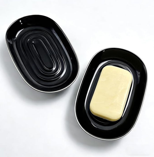 Ceramic Marble Pattern Soap Dish, Textured Raised Soap Saver Tray for Shower Bathroom Kitchen Sink Vanity, Easy to Clean Multi-Use Holder for Bar Soap Jewelry Rings Keys, Black (2 Pack)