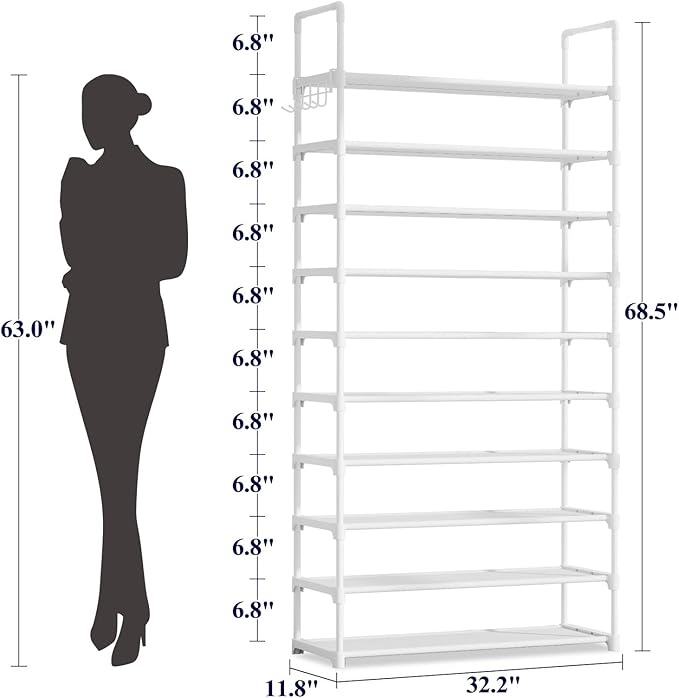 Kitsure Shoe Rack for Closet - 10-Tier Shoe Organizer with Hook Rack, Large-Capacity & Space-Saving Shoe Shelf for Entryway, Bedroom, Living Room,32.2" x 11.8" x 68.5", White
