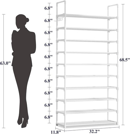 Kitsure Shoe Rack for Closet - 10-Tier Shoe Organizer with Hook Rack, Large-Capacity & Space-Saving Shoe Shelf for Entryway, Bedroom, Living Room,32.2" x 11.8" x 68.5", White