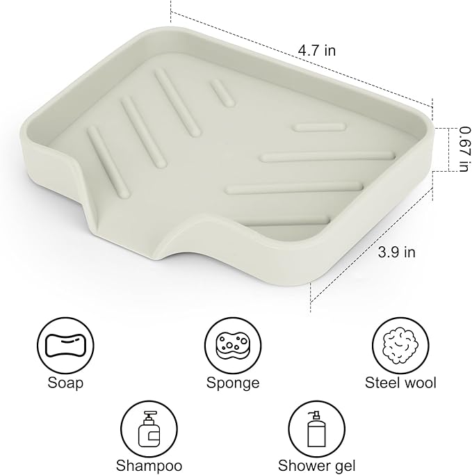 Silicone Soap Dish for Shower with Self Draining, 2 Pack Soap Holder for Bathroom, Silicone Sponge Holder for Kitchen Sink, Soap Tray for Dispenser, Scrubber, Bottle, 4.7"×3.9", Grey & Beige White