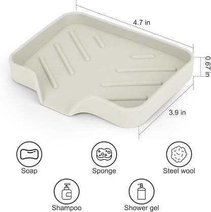 Silicone Soap Dish for Shower with Self Draining, 2 Pack Soap Holder for Bathroom, Silicone Sponge Holder for Kitchen Sink, Soap Tray for Dispenser, Scrubber, Bottle, 4.7"×3.9", Grey & Beige White