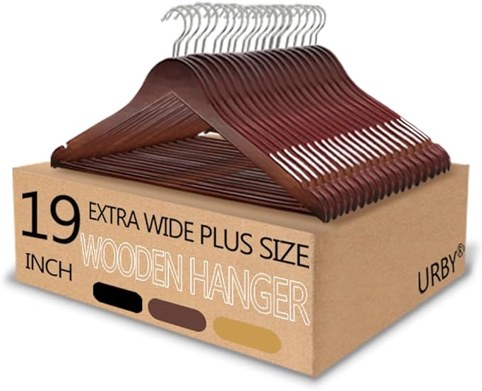 Urby Extra Wide Hangers for Plus Size Clothes, Ganchos para Colgar Ropa,19 Inch Plus Size Hangers Ideal for XL, XXL Shirts, Coats, Dresses, Etc. Wood. Walnut 20pk