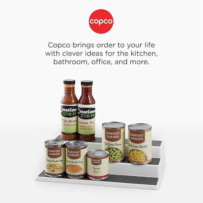 Copco Non-Skid 3-Tier Spice Rack Organizer for Cabinet - 10 Inch Kitchen Pantry Organizer with Raised Rims, White and Gray Step Shelf for Spices, Cans, Jars - Easy Clean Storage Solution