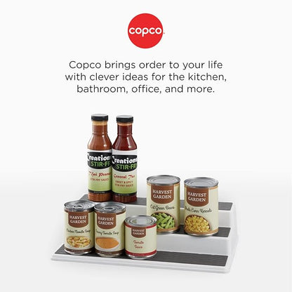Copco Non-Skid 3-Tier Spice Rack Organizer for Cabinet - 10 Inch Kitchen Pantry Organizer with Raised Rims, White and Gray Step Shelf for Spices, Cans, Jars - Easy Clean Storage Solution