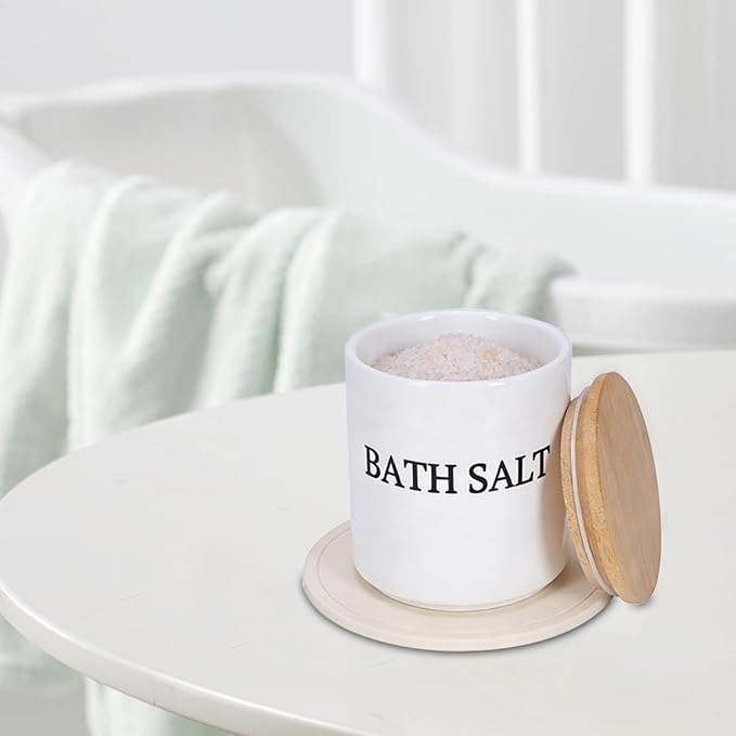 29oz Airtight Ceramic Bath Salt Jar Set - with Wooden Lid, Scoop & Anti-Slip Mat, Opaque Bathroom Storage Organization for Epsom Salt, Spa & Bath Bombs, White-S