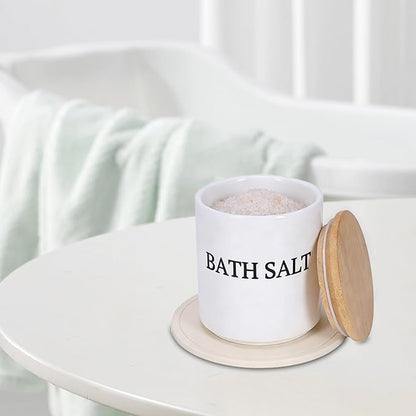 29oz Airtight Ceramic Bath Salt Jar Set - with Wooden Lid, Scoop & Anti-Slip Mat, Opaque Bathroom Storage Organization for Epsom Salt, Spa & Bath Bombs, White-S